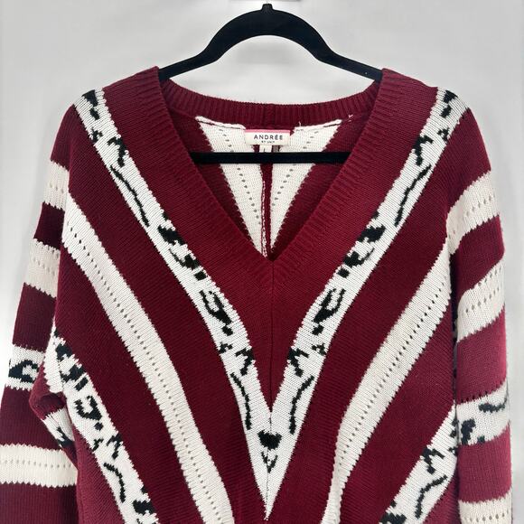 Andree by Unit Burgundy Striped Animal Print V-neck Sweater Size L - Picture 1 of 5